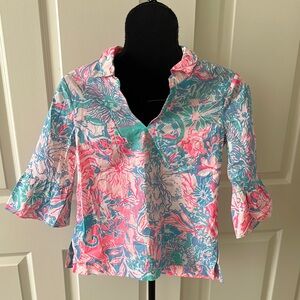 Lilly Pulitzer Blue and Pink Flutter Sleeve Blouse